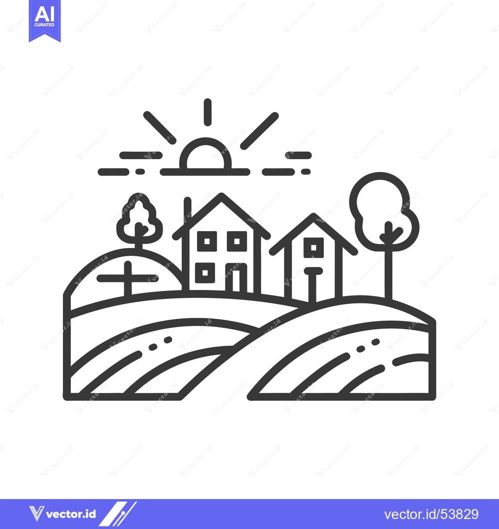Premium Vector dari Line Art Illustration of a Rural Landscape with Houses and a Rising Su
