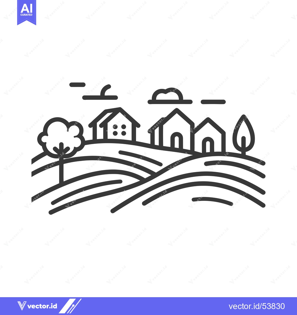 Premium Vector of Line Art Illustration of a Rural Landscape with Houses and Rolling Hil