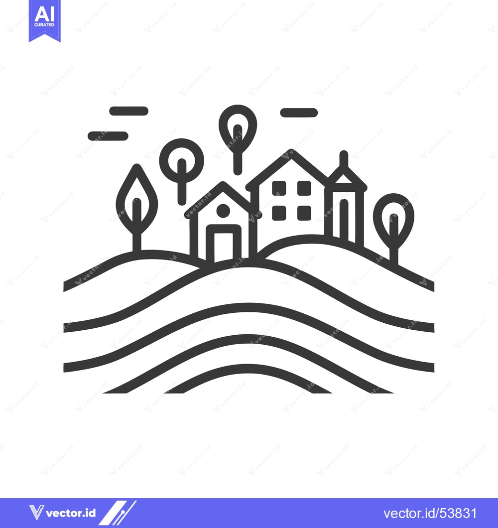 Premium Vector dari Line Art Illustration of a Rural Village Landscape with Houses and Tre