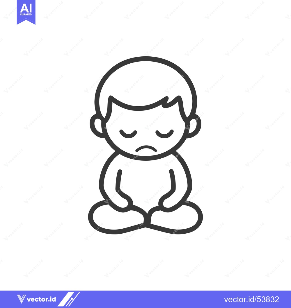 Premium Vector of Line Art Illustration of a Sad Boy Sitting with Legs Crossed