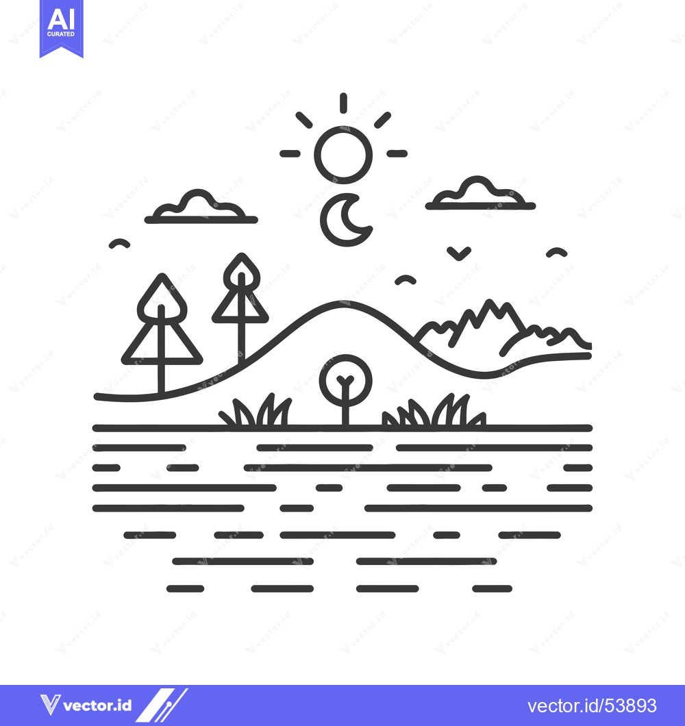 Premium Vector of Line Art Illustration of a Serene Landscape with a Lake, Mountains, an