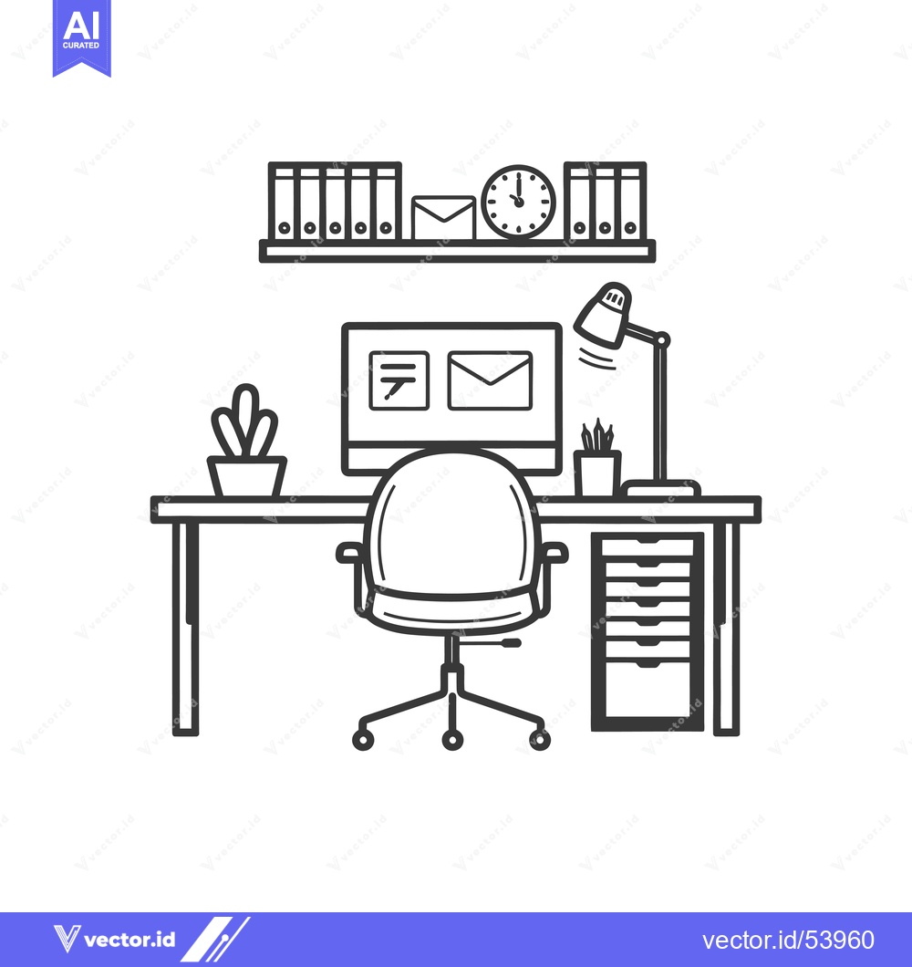 Premium Vector dari Line art illustration of a simple office desk setup