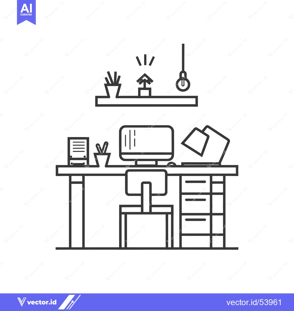 Premium Vector of Line art illustration of a simple office desk with a computer, chair,