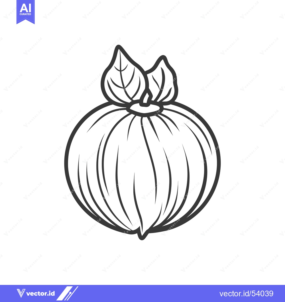 Premium Vector of Line Art Illustration of a Single Round Fruit with Leaves