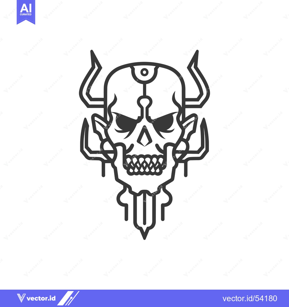 Premium Vector of Line Art Illustration of a Skull with Horns and a Third Eye