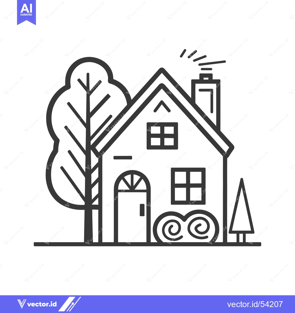 Premium Vector dari Line Art Illustration of a Small House with a Tree and a Pine