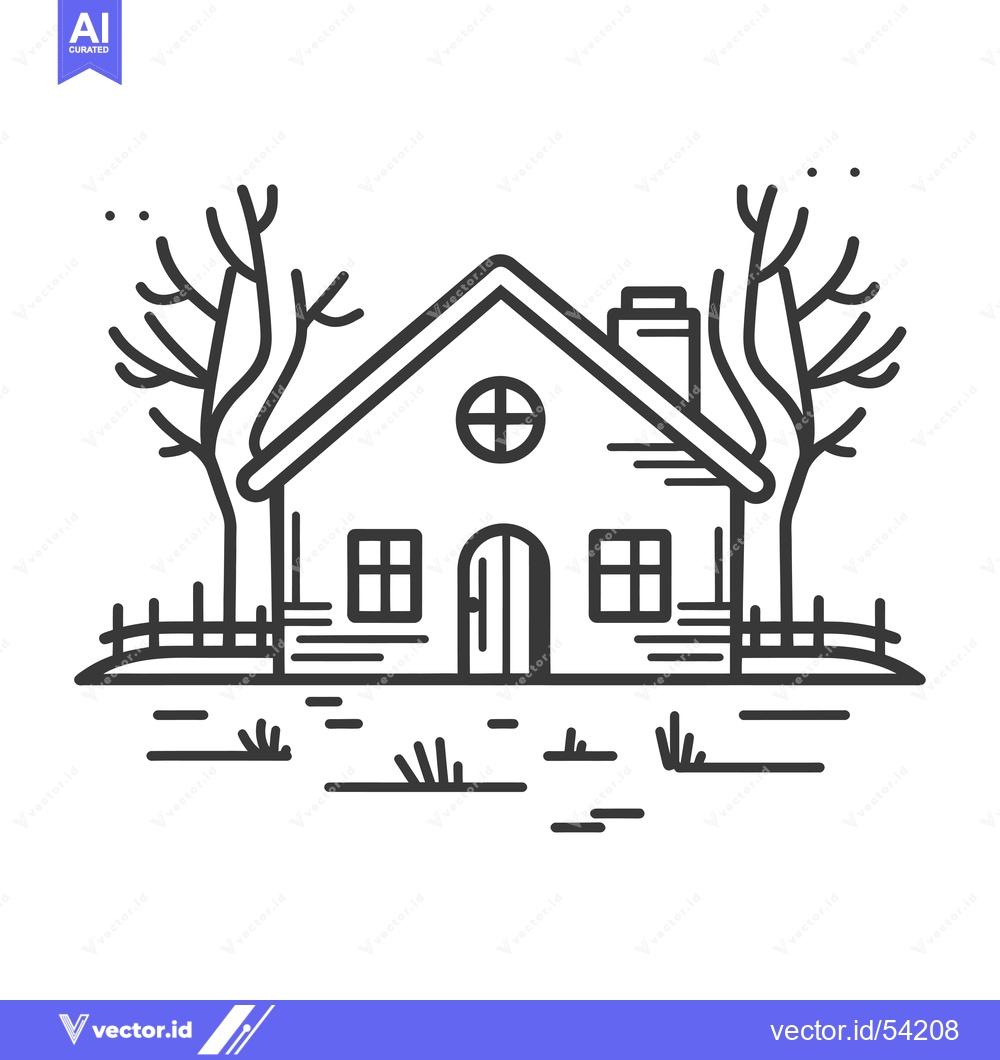 Premium Vector of Line art illustration of a small house with trees and a fence