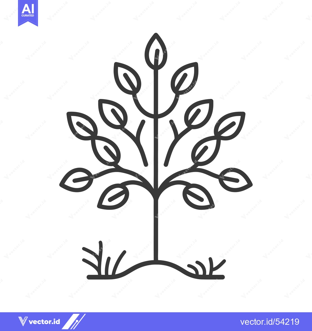 Premium Vector of Line art illustration of a small tree with leaves and grass