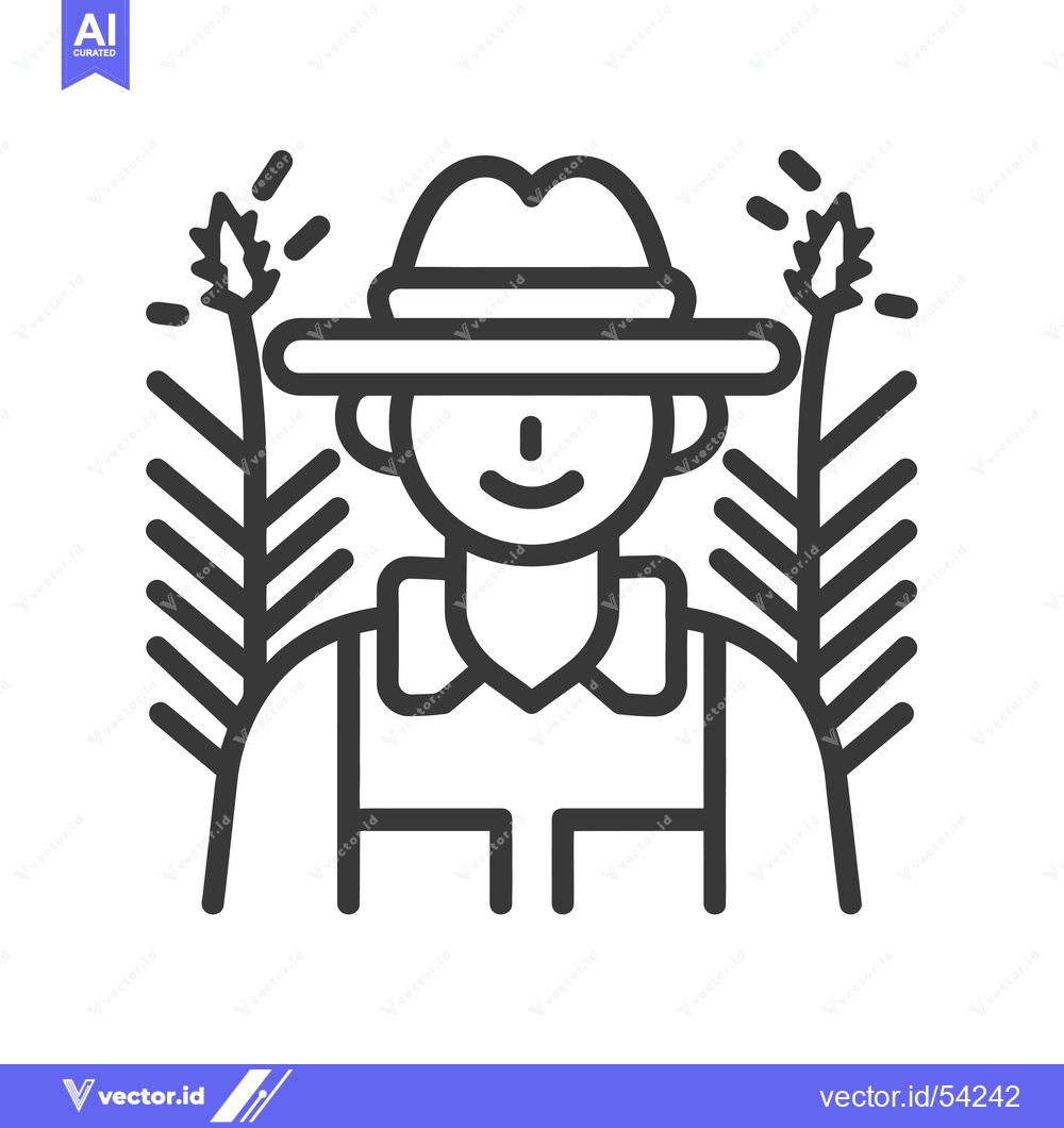 Premium Vector dari Line art illustration of a smiling farmer wearing a hat with wheat sta