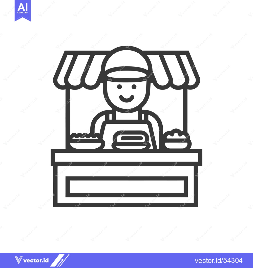 Premium Vector of Line art illustration of a smiling vendor selling hot dogs from a food