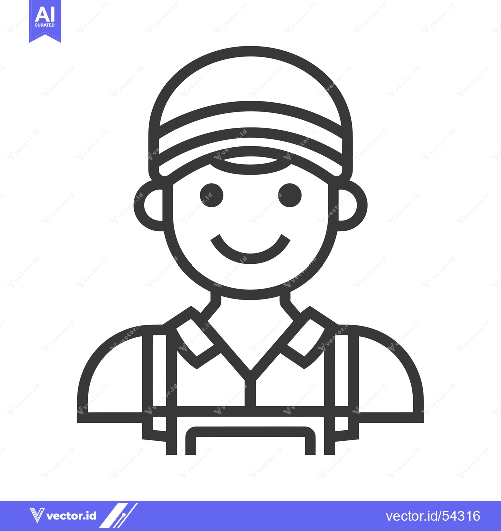 Premium Vector of Line Art Illustration of a Smiling Worker Wearing a Cap and Overalls
