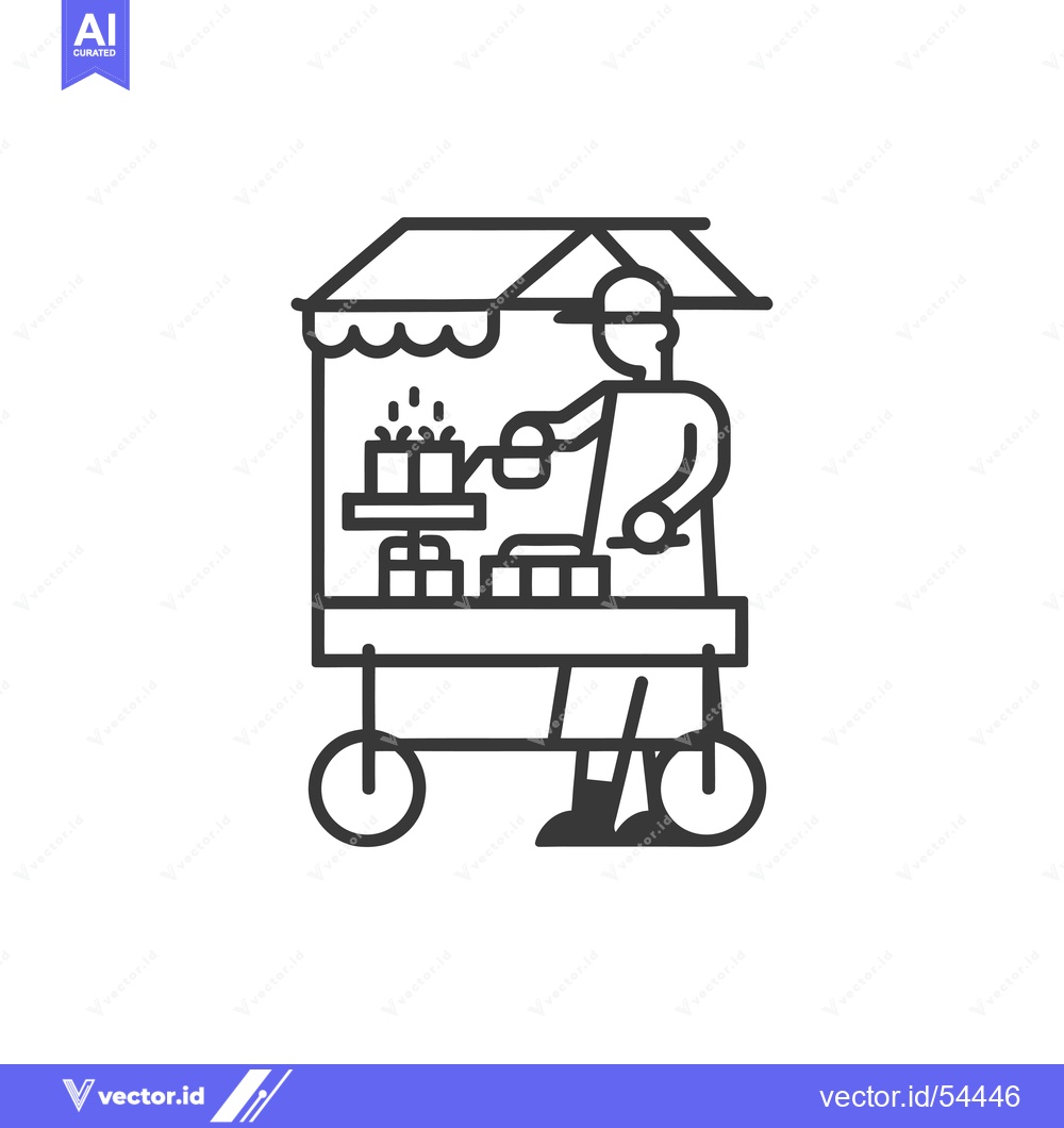 Premium Vector of Line Art Illustration of a Street Food Vendor with a Cart Selling Food
