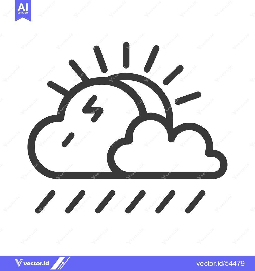 Premium Vector of Line Art Illustration of a Sun, Cloud, Lightning Bolt, and Rain