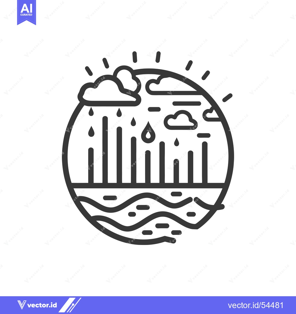 Premium Vector dari Line art illustration of a sun, clouds, rain, and ocean.
