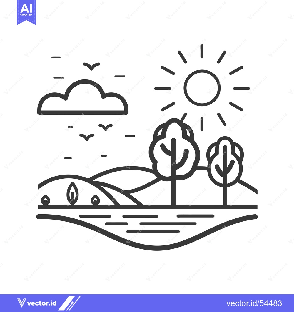 Premium Vector of Line Art Illustration of a Sunny Day with Trees, Hills, and a River