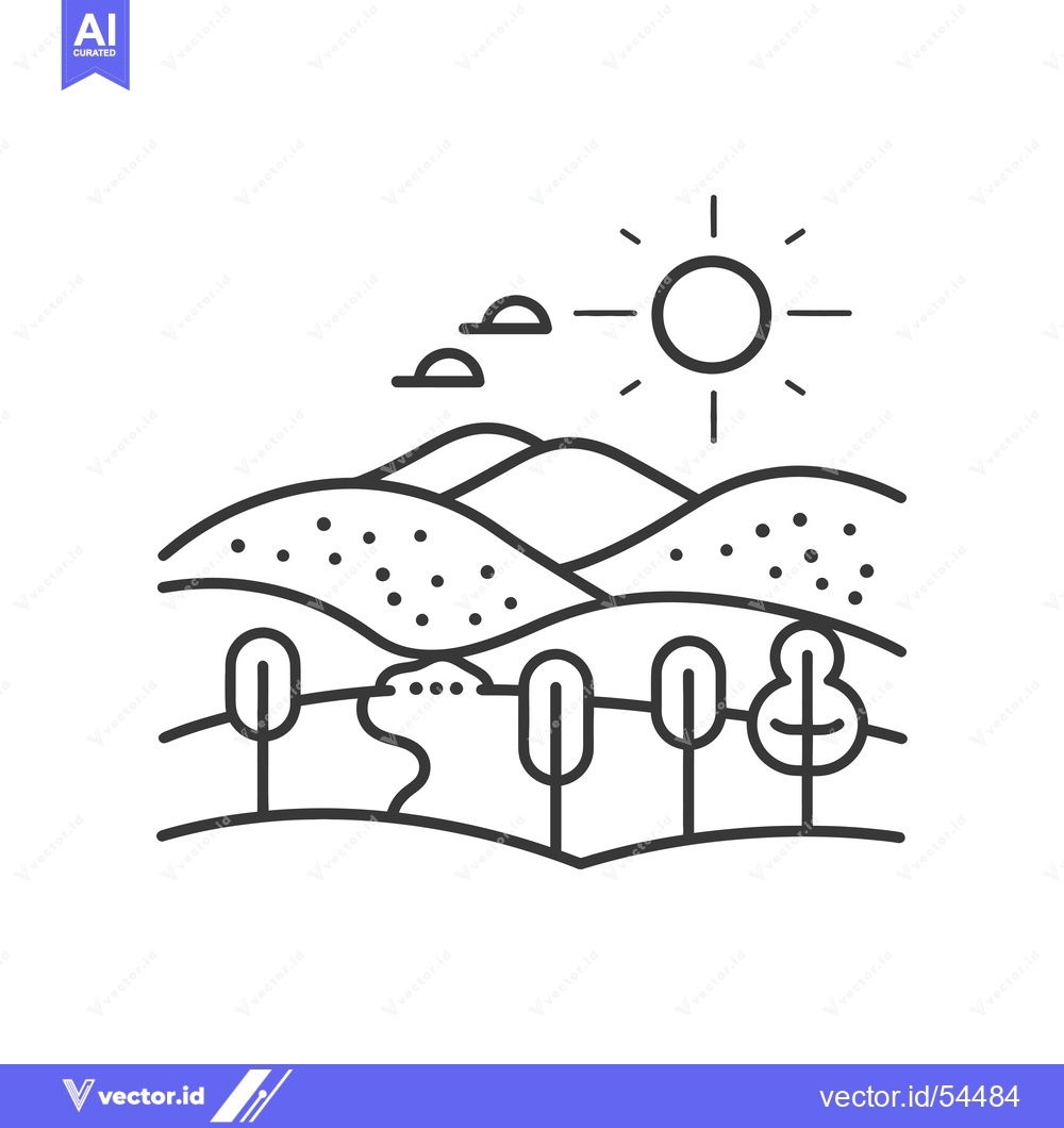 Premium Vector dari Line Art Illustration of a Sunny Landscape with Hills, Trees, and a St