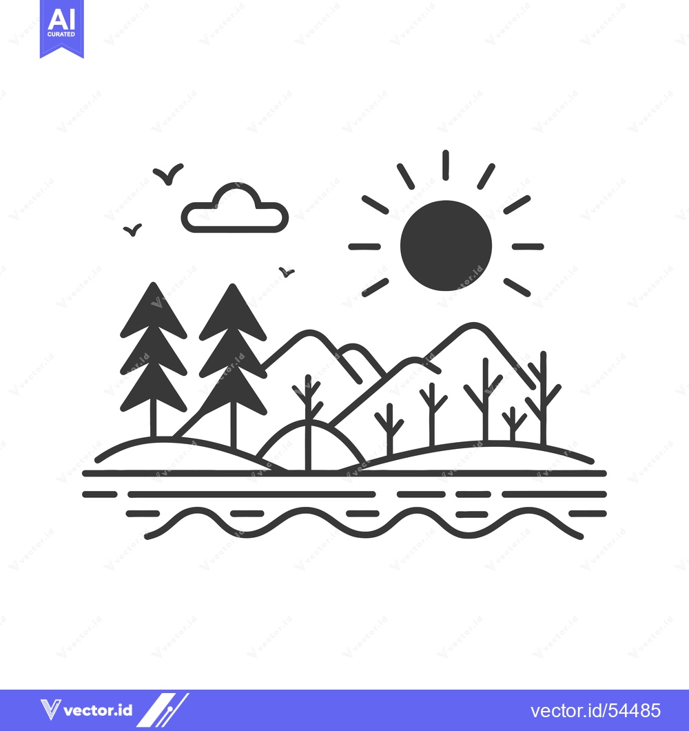 Premium Vector dari Line Art Illustration of a Sunny Landscape with Trees, Mountains, and