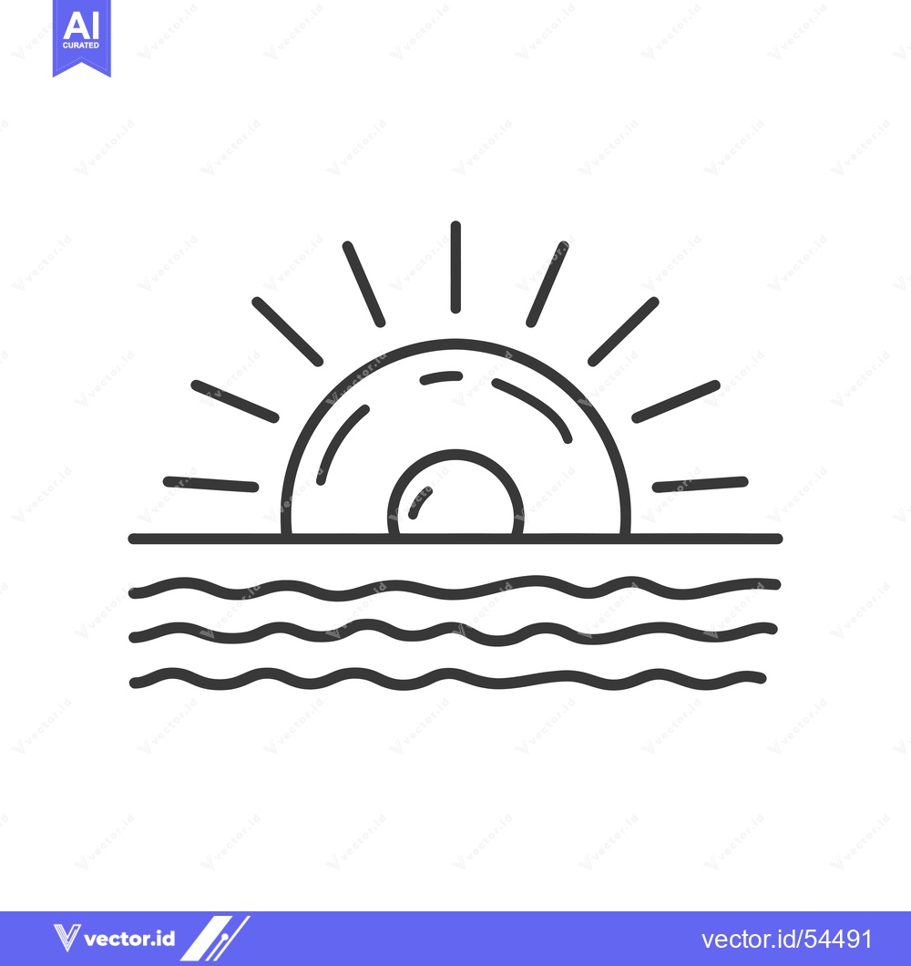 Premium Vector dari Line art illustration of a sun setting over wavy water