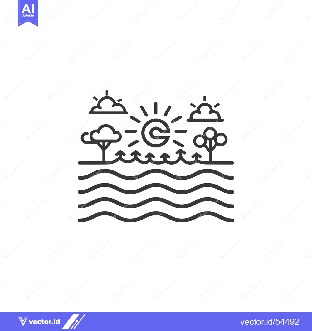 Premium Vector dari Line art illustration of a sun, trees, clouds, and wavy water