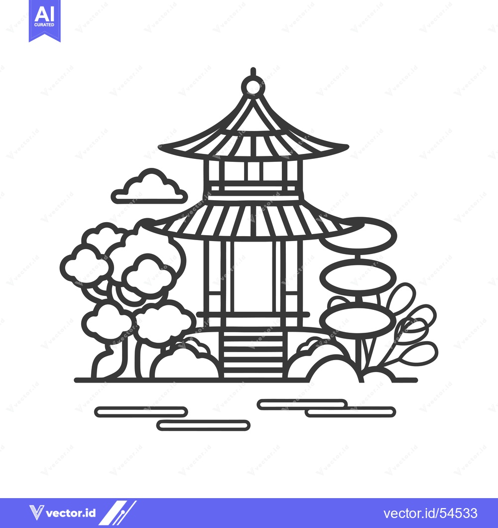 Premium Vector of Line Art Illustration of a Traditional Asian Pagoda with Surrounding T
