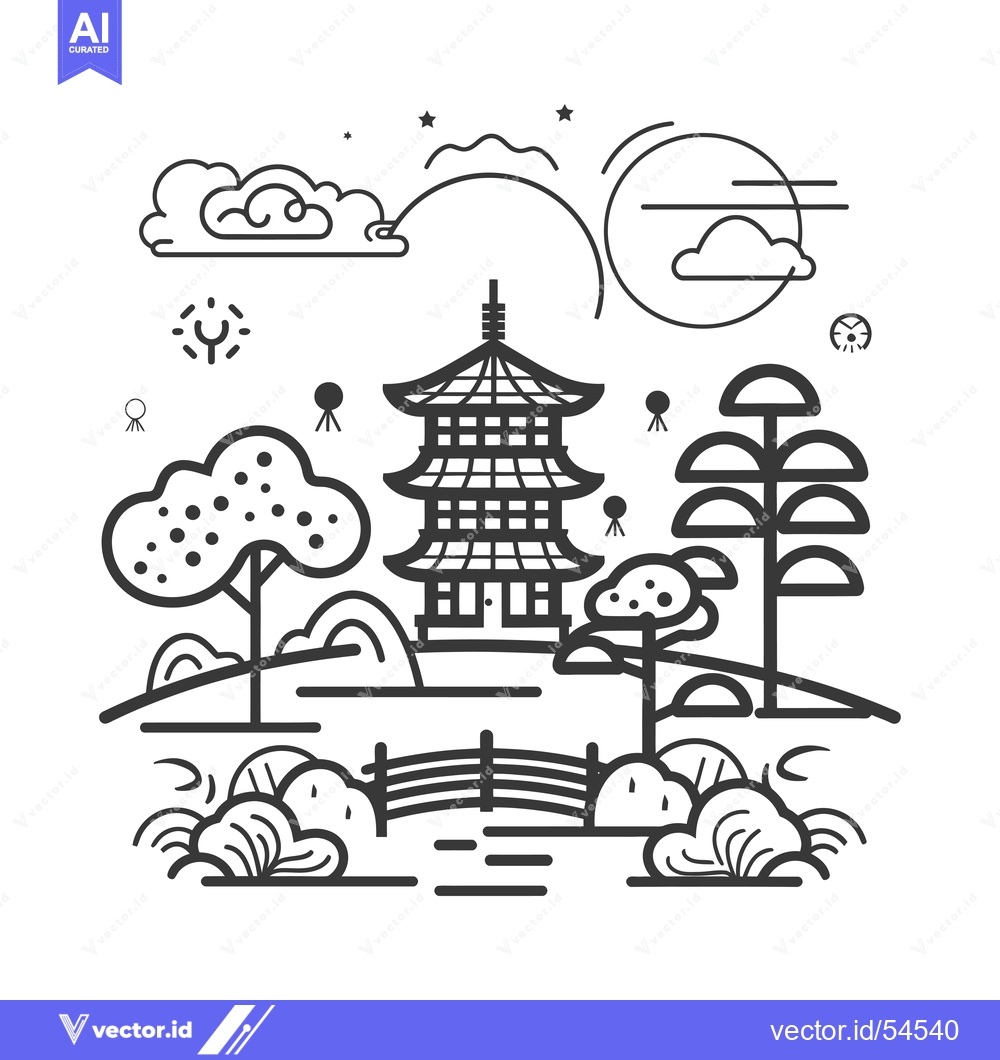 Premium Vector of Line Art Illustration of a Traditional Japanese Pagoda in a Garden Set