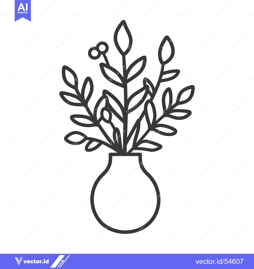 Premium Vector of Line Art Illustration of a Vase with Flower Buds and Leaves