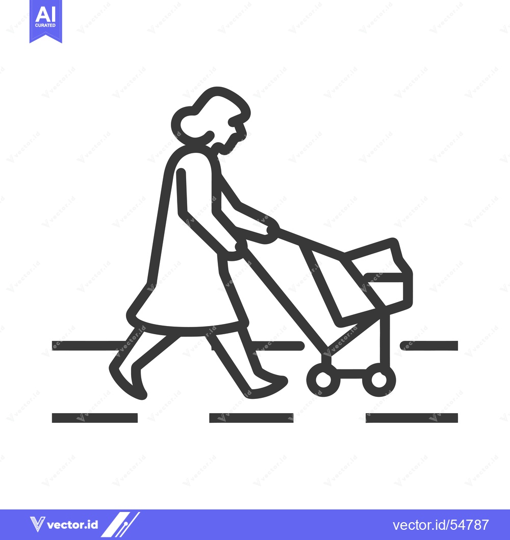 Premium Vector of Line Art Illustration of a Woman Pushing a Baby Stroller