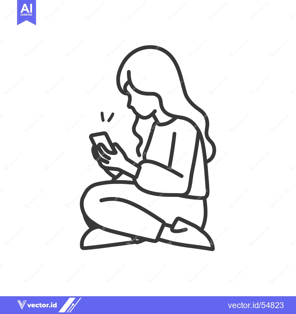 Premium Vector of Line Art Illustration of a Woman Sitting and Using a Smartphone