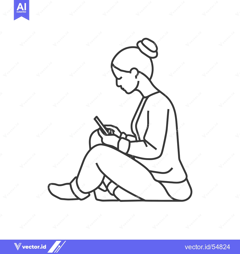 Premium Vector of Line Art Illustration of a Woman Sitting and Using a Smartphone