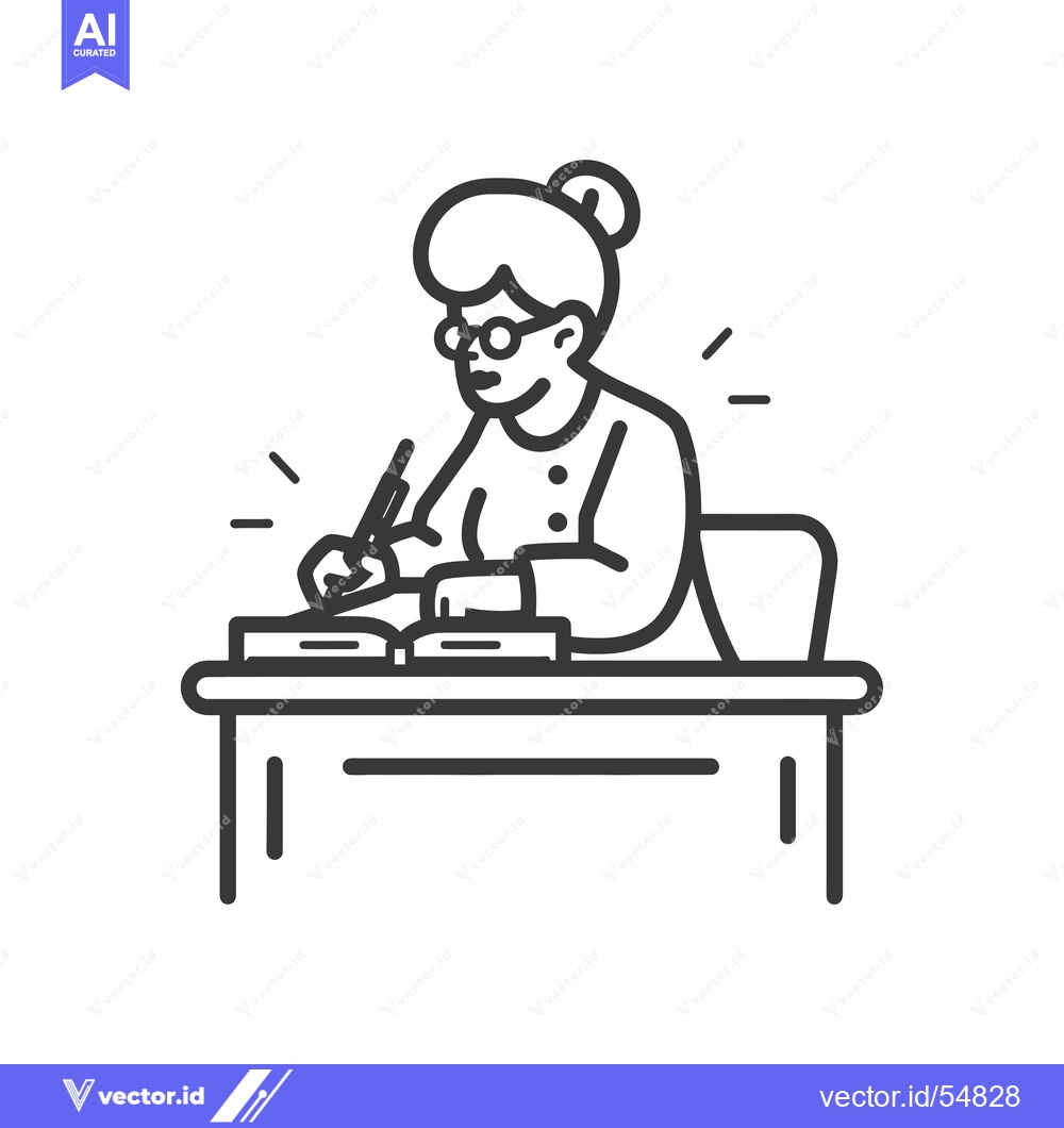 Premium Vector dari Line art illustration of a woman sitting at a desk and writing in a no