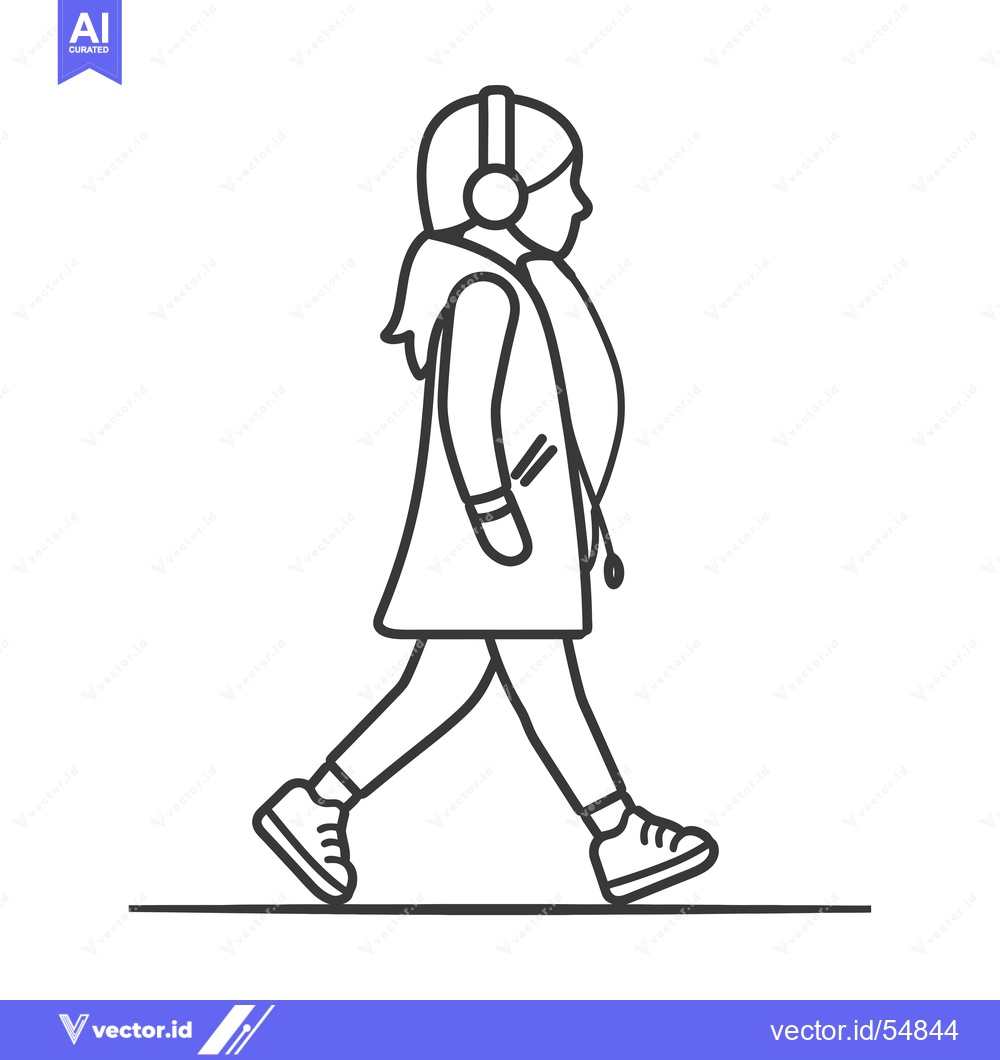 Premium Vector dari Line art illustration of a woman walking while wearing headphones