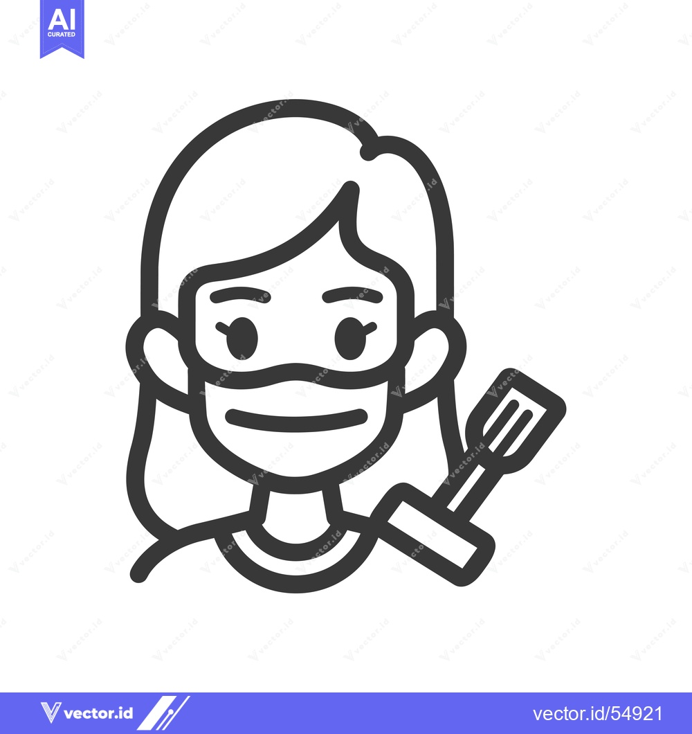 Premium Vector of Line art illustration of a woman wearing a mask and holding a spatula