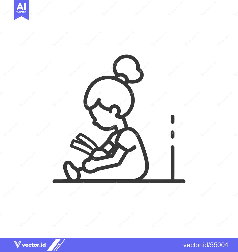 Premium Vector of Line Art Illustration of a Young Girl Sitting and Reading a Book