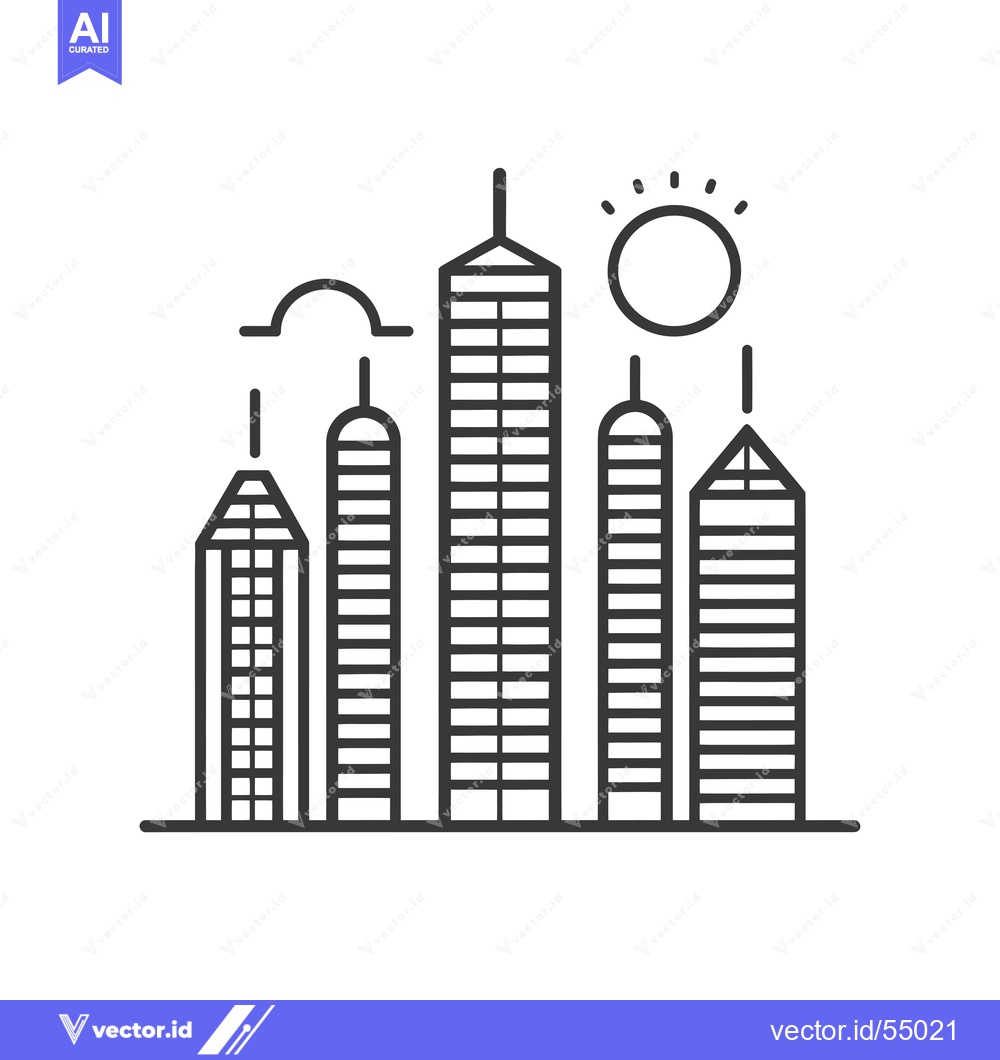Premium Vector dari Line Art Illustration of City Skyline with Sun and Clouds