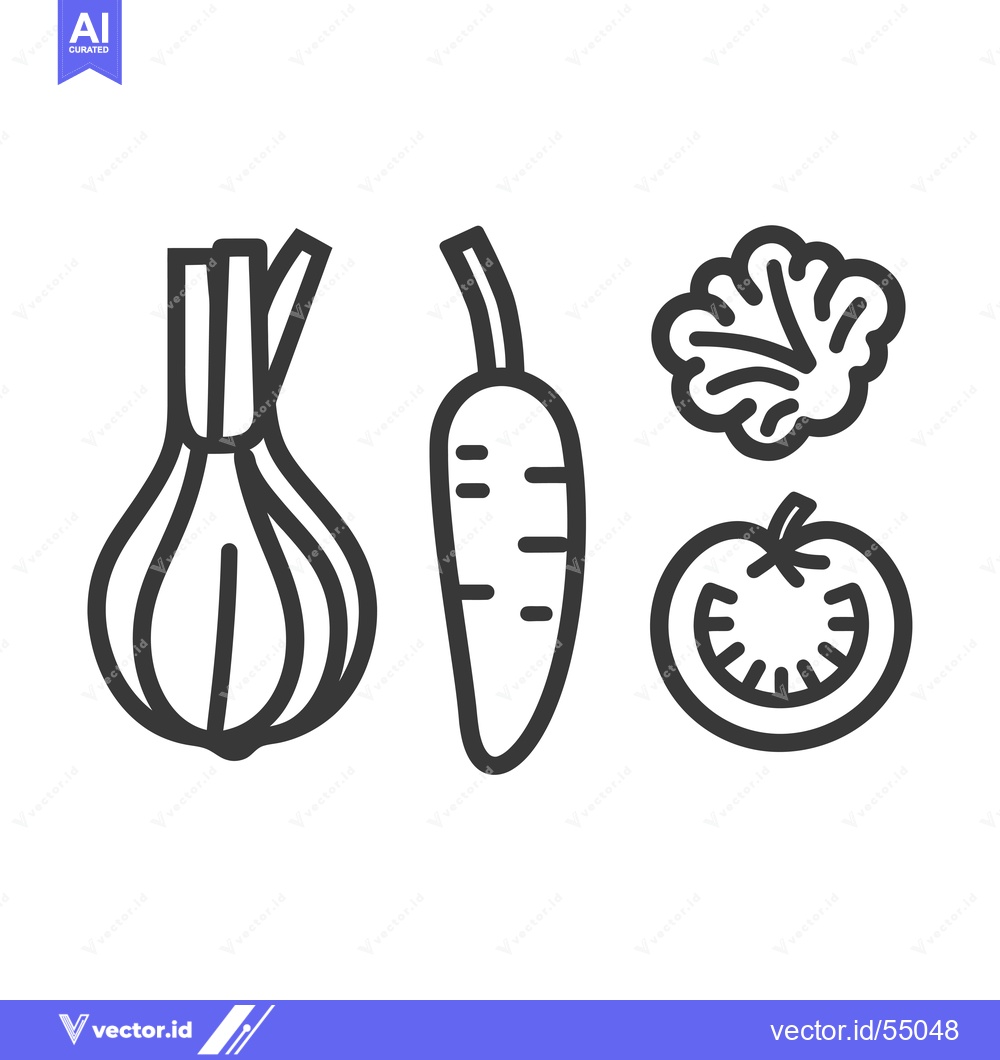 Premium Vector of Line Art Illustration of Four Vegetables: Onion, Carrot, Lettuce, and