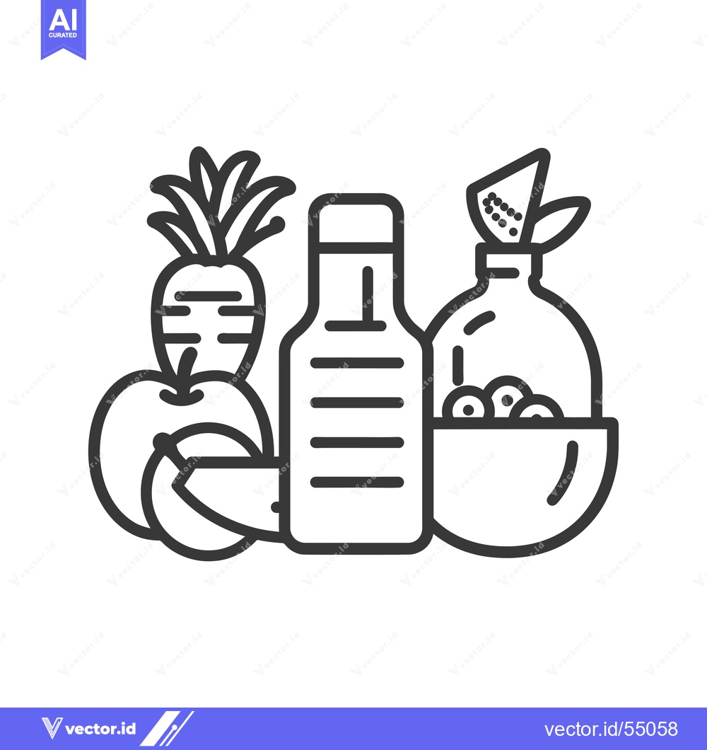 Premium Vector of Line Art Illustration of Fruits, Vegetables, and a Bottle
