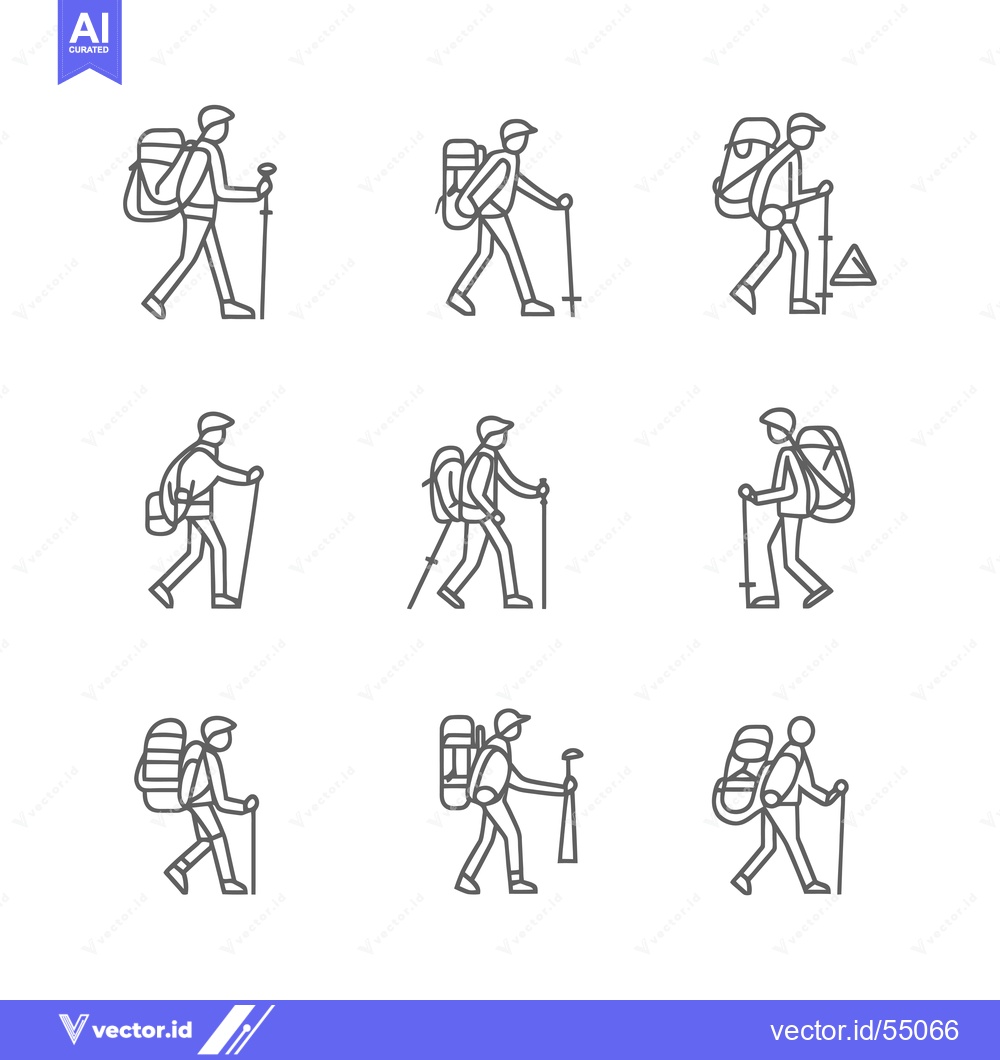 Premium Vector of Line Art Illustration of Hikers with Backpacks and Trekking Poles
