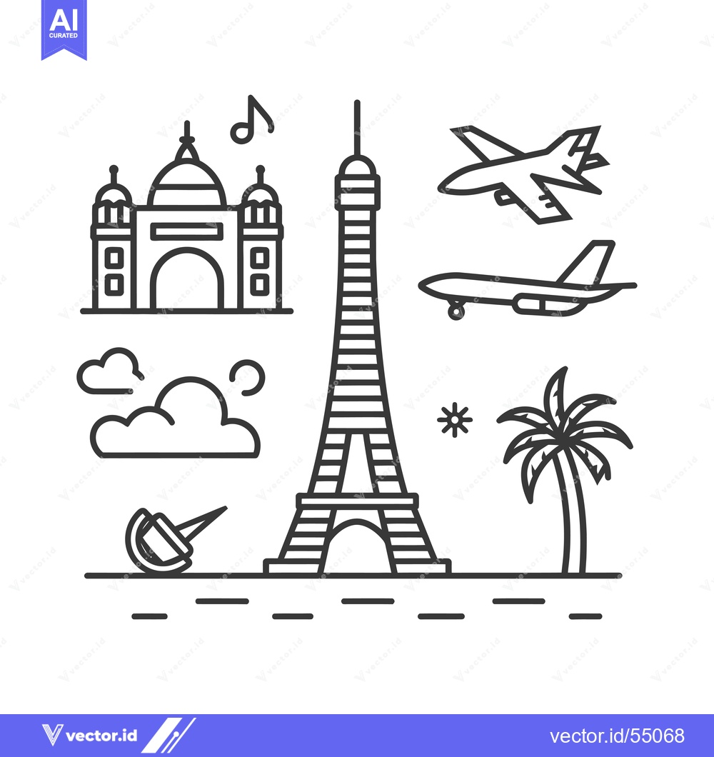 Premium Vector of Line Art Illustration of Iconic Parisian Landmarks and Travel Symbols