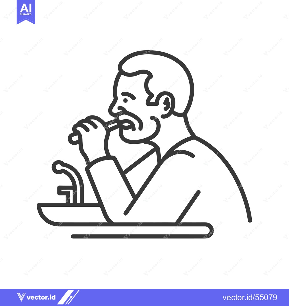 Premium Vector of Line Art Illustration of Man Brushing Teeth at Sink