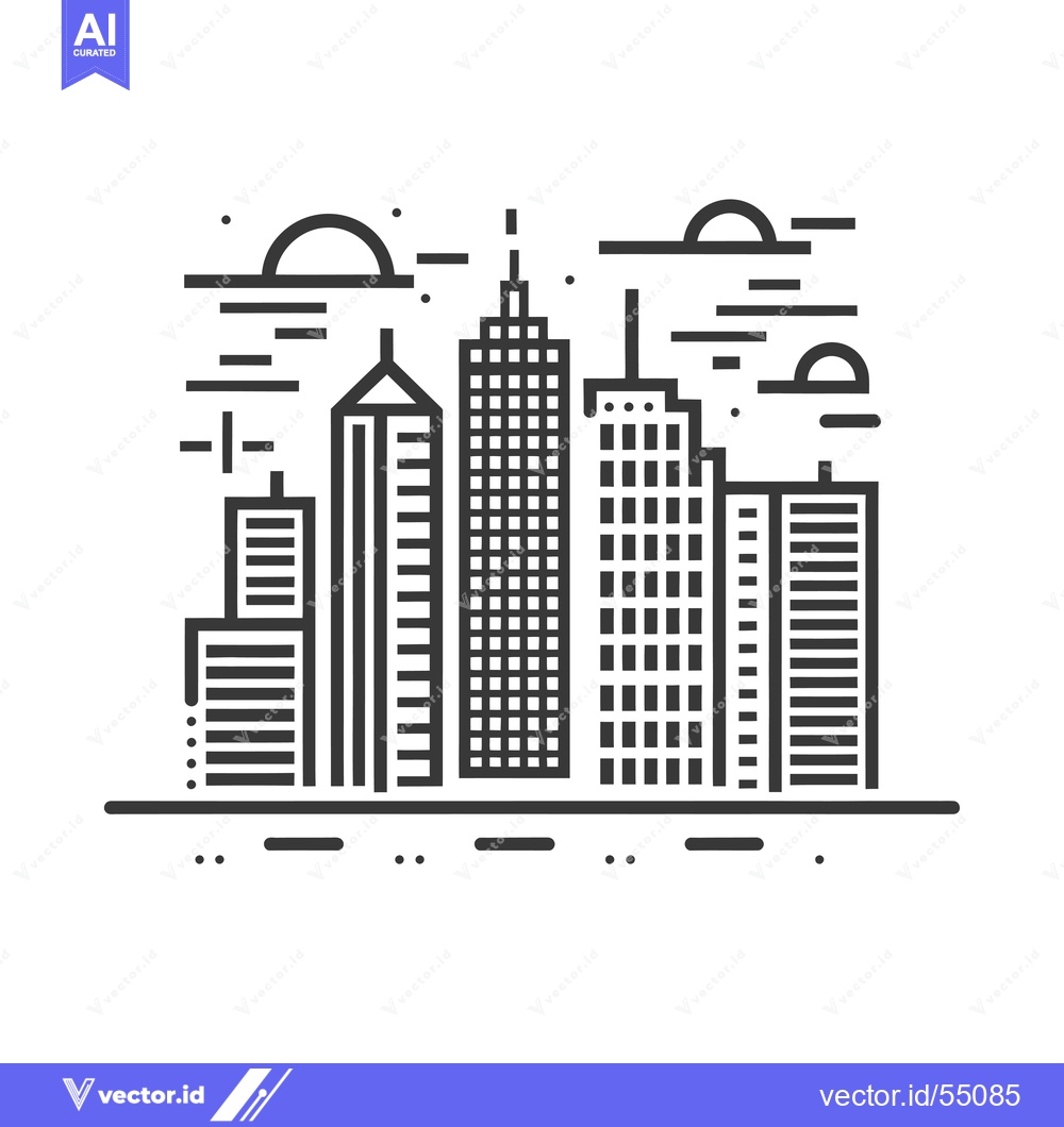 Premium Vector of Line Art Illustration of Modern City Skyline with Clouds