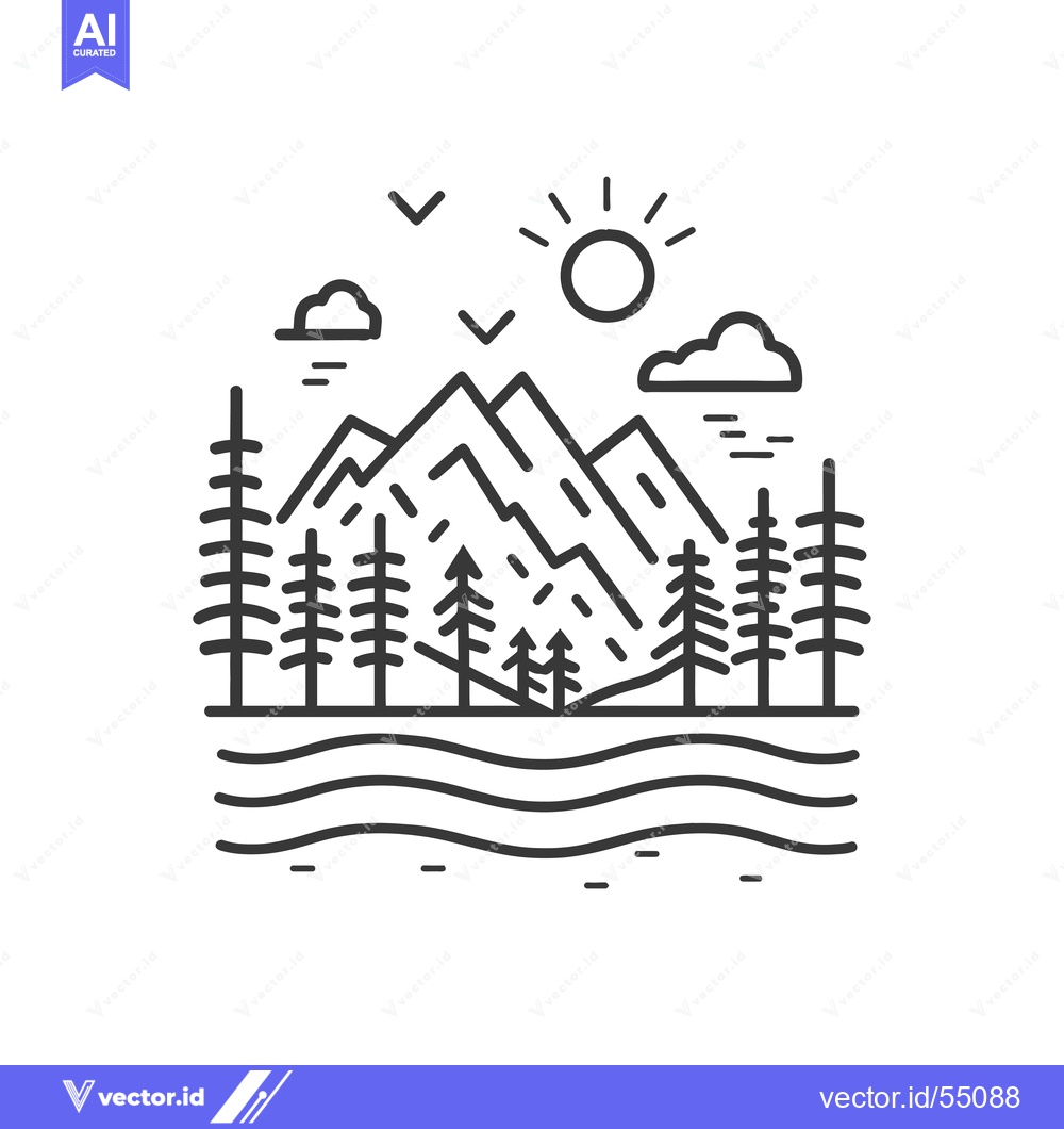 Premium Vector of Line Art Illustration of Mountain Range, River, and Trees Under a Sunn