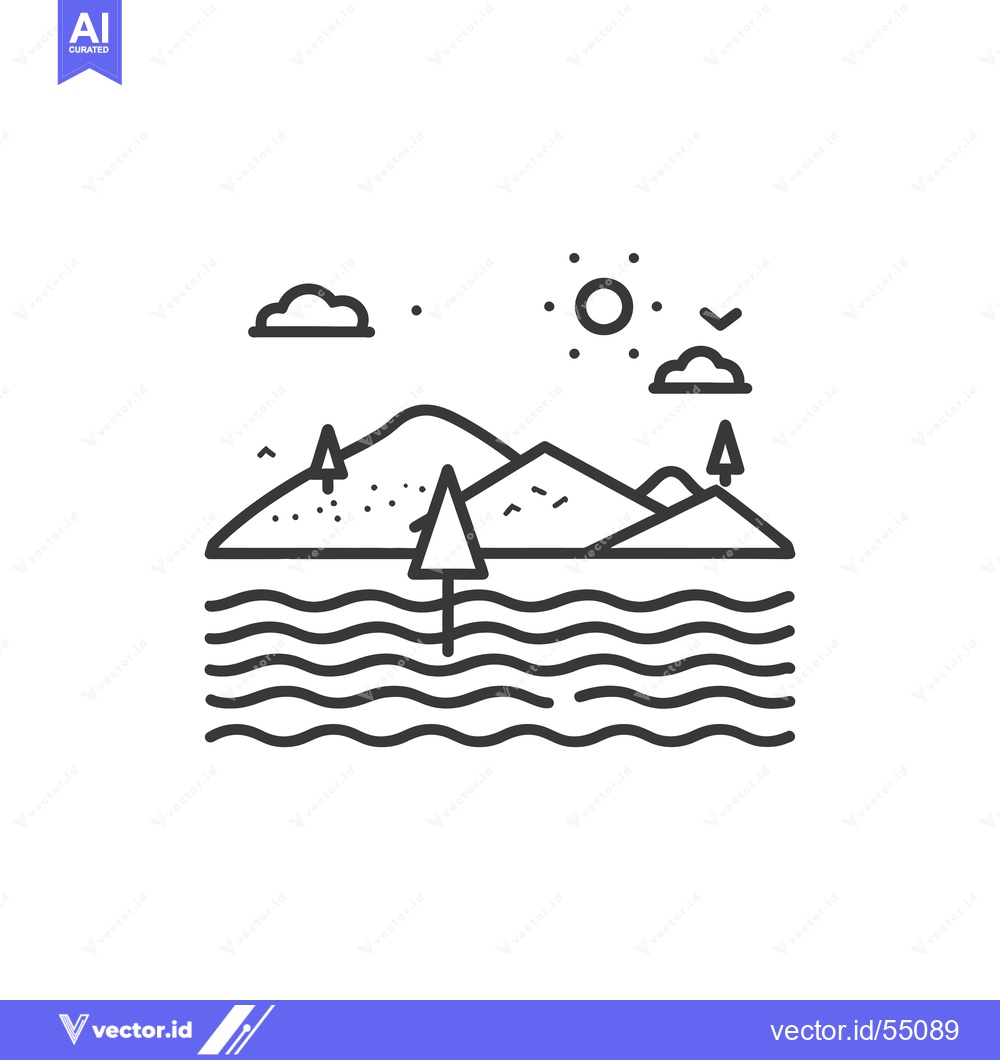 Premium Vector dari Line Art Illustration of Mountains, a Lake, and a Sun