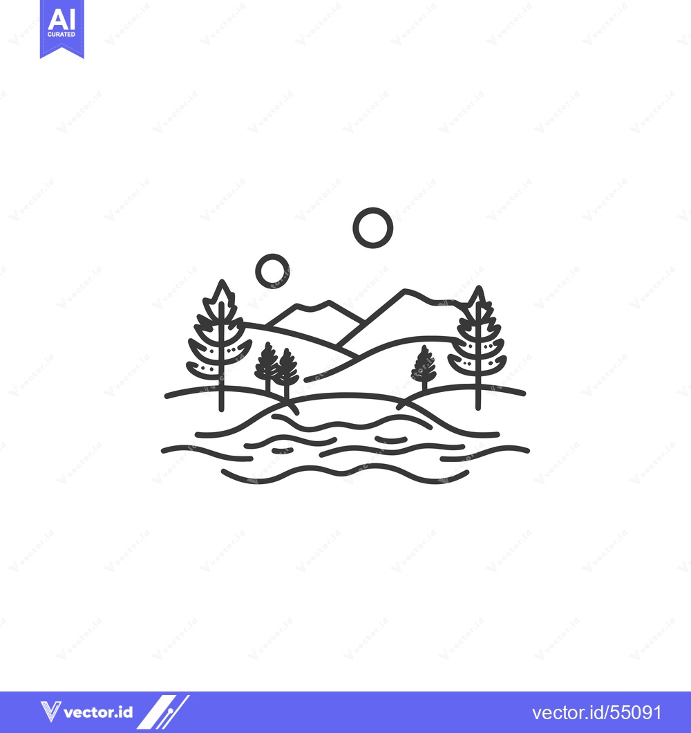 Premium Vector of Line Art Illustration of Mountains, Trees, and a River with Two Suns