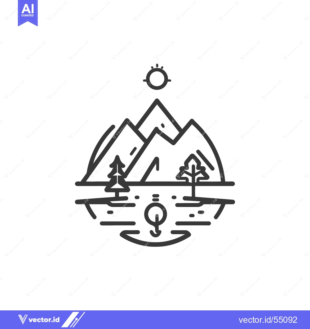 Premium Vector of Line Art Illustration of Mountains, Trees, and a Sun