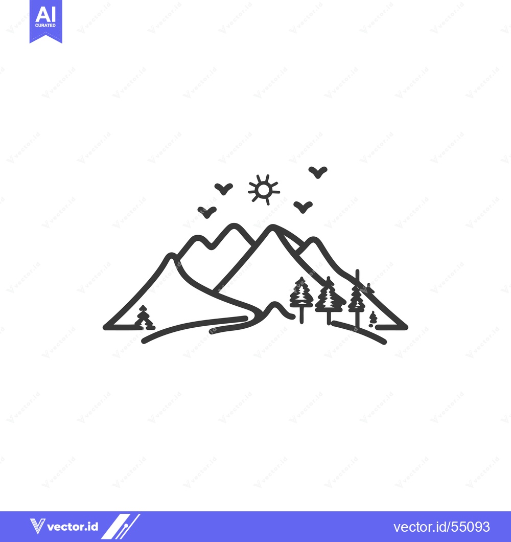 Premium Vector of Line Art Illustration of Mountains, Trees, and Sun with Birds Flying