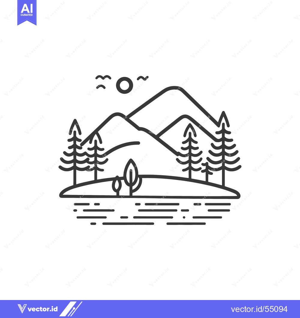 Premium Vector dari Line Art Illustration of Mountains, Trees, Sun, and Water