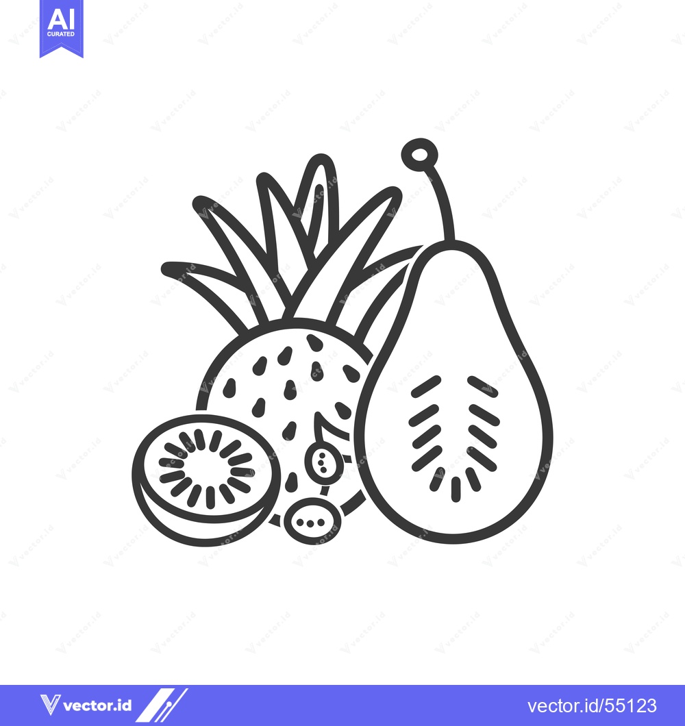 Premium Vector of Line Art Illustration of Pineapple, Kiwi, and Pear