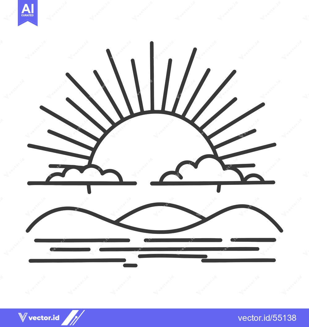 Premium Vector of Line Art Illustration of Sunrise over a Lake and Hills