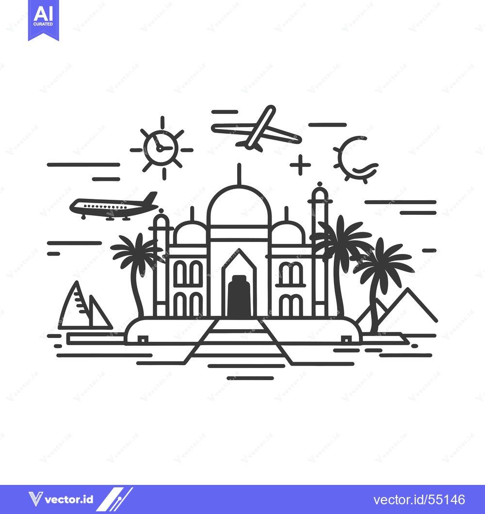 Premium Vector of Line Art Illustration of the Taj Mahal with Palm Trees and Airplanes