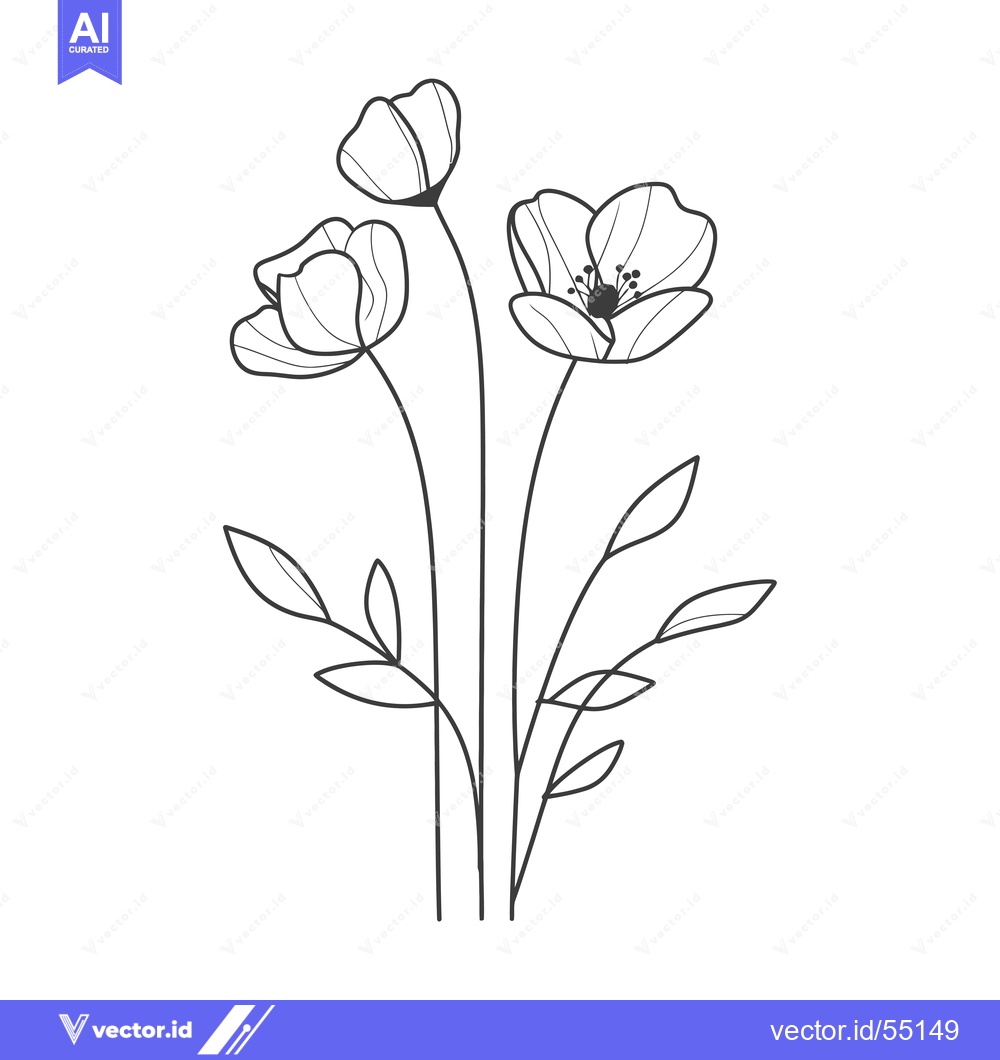 Premium Vector dari Line art illustration of three blooming flowers and leaves